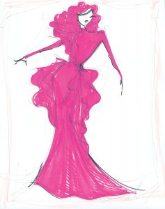 Sketch of The fuchsia sculpted organza flounce gown from the Spring 2018 collection has details that remind Siriano of an orchid in bloom