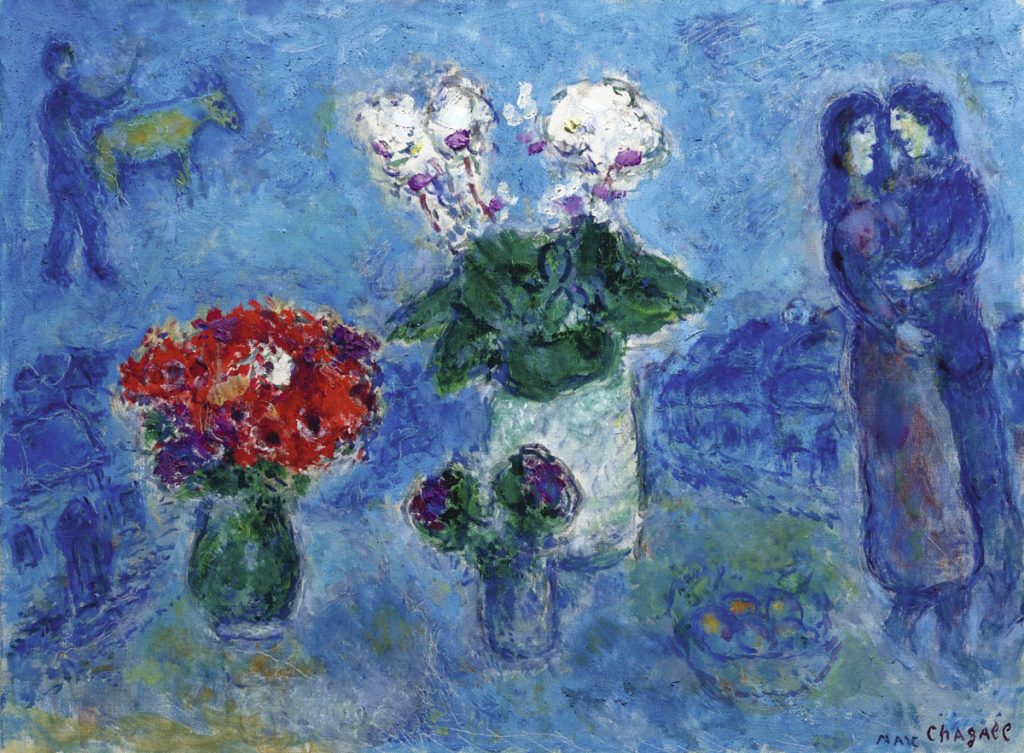 Les Amoureaux au Trois Bouquets by Marc Chagall, oil on canvas, 21.5 x 28.75 inches