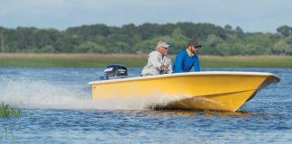 Mark Castlow and Ryan Stark wet test Dragonfly’s 15-foot DGB skiff in Edisto, South Carolina