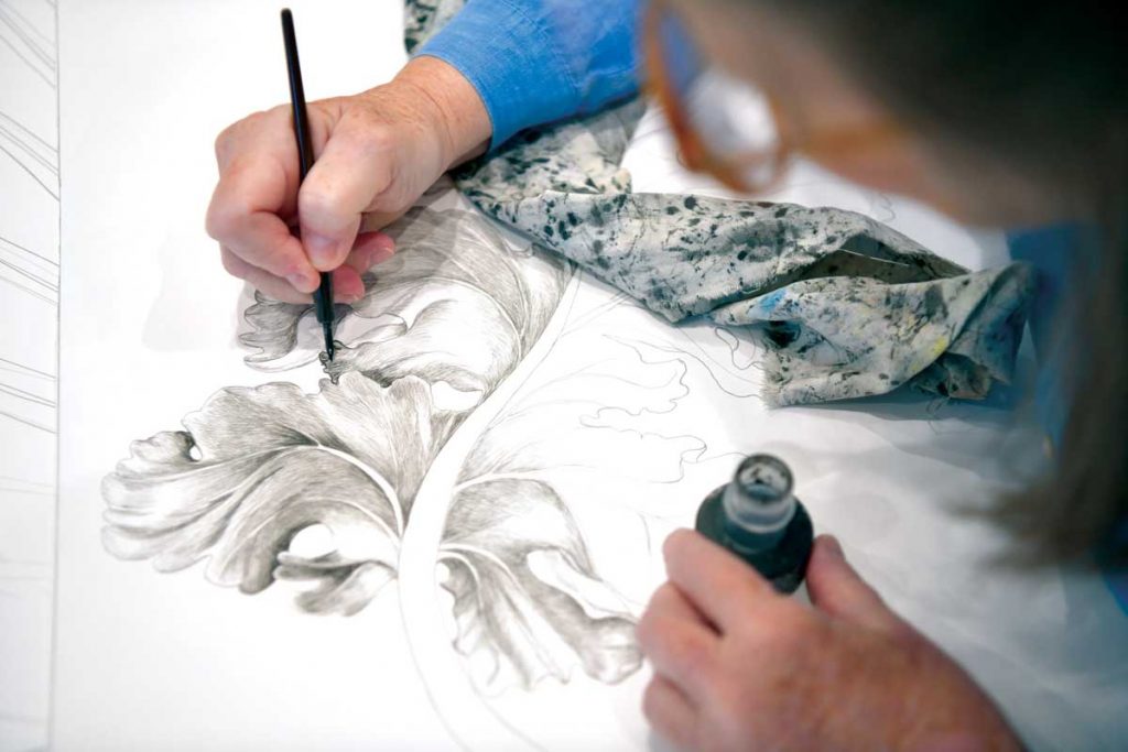 In her home studio, Anderson spends time on her meticulous ink drawings and also teaches others. Photo by Kelly Rogers