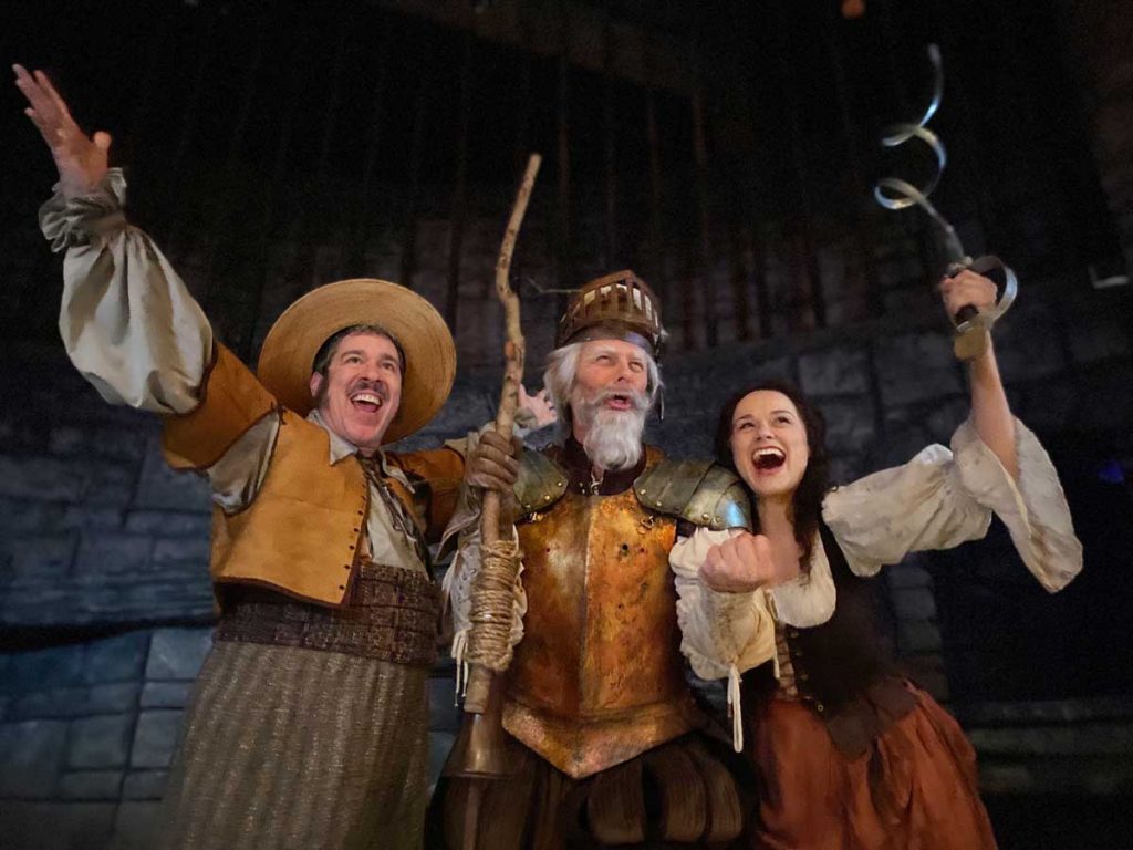 Tony Chiroldes (Sancho), Edward Staudenmayer (Don Quixote) and Lianne Marie Dobbs (Aldonza) in Man of La Mancha. Photo by Angel Udelhoven