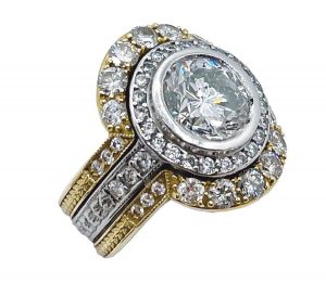 A platinum engagement set is made from a client’s 5.5-carat Asscher cut diamond