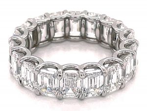 This ring is made from platinum and a 10-carat emerald-cut diamond