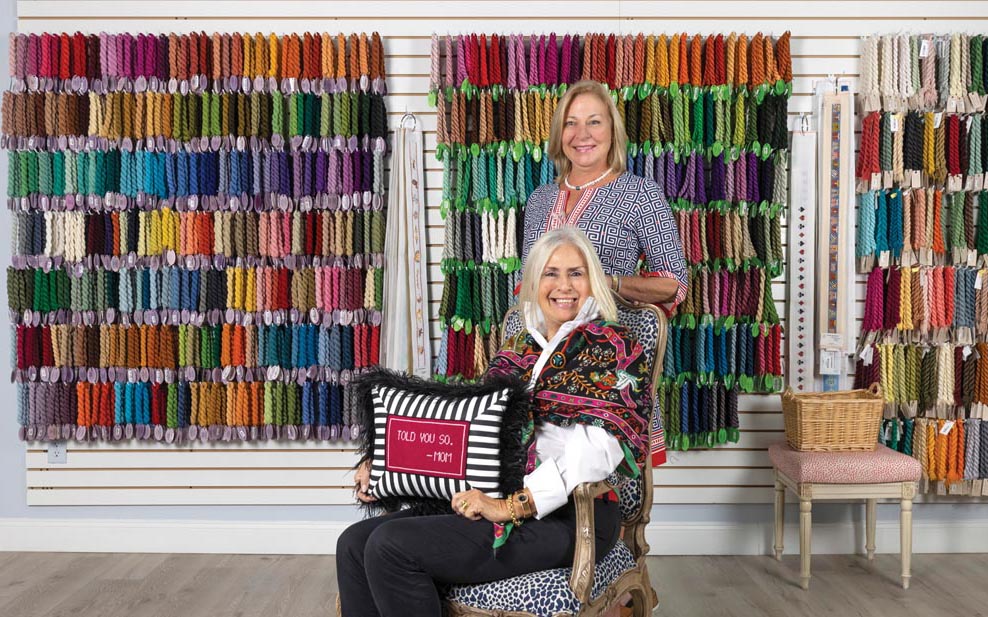 Linda Conner and Carol Kramer have created a bright and happy space for needlepointers in Vero Beach. Photo by Sam Wolfe