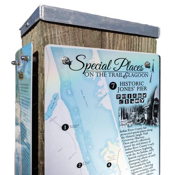Information-filled kiosks dot the walkways at Jones Pier Conservation Area