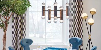 An acrylic table designed by Jonathan Adler is a sleek addition