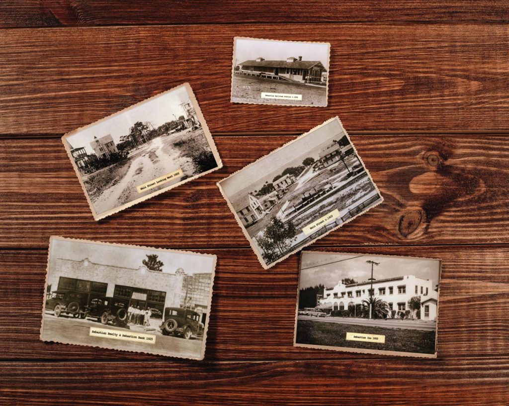 Clockwise from above left: Main Street, 1905; Sebastian Railroad Station, circa 1893; Main Street, circa 1920; Sebastian Inn, 1955; Sebastian Realty and Sebastian Bank, 1925. Photos courtesy of Sebastian Area Historical Society