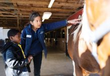 Riding High with Special Equestrians Karen Johnson helps Dontavius identify different parts of the horse. Photo by Steven Martine
