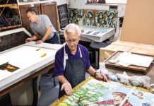 Art of Stained Glass at Conrad Pickel Studio Paul in the studio. Photo by Steven Martine