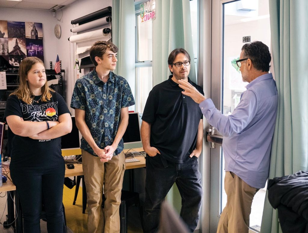 RCHS junior Shelby Andrews, IRSC digital media student Sebastian Bois, and IRCHS digital arts director Joe Brent collaborate with VBFF executive director David Yakir. Photo by Steven Martine