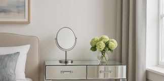 A Plexi-Craft acrylic nightstand, above, finishes a bedroom look