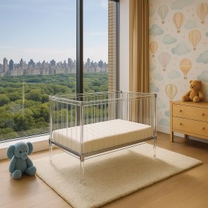 This Lucite crib is made by Plexi-Craft
