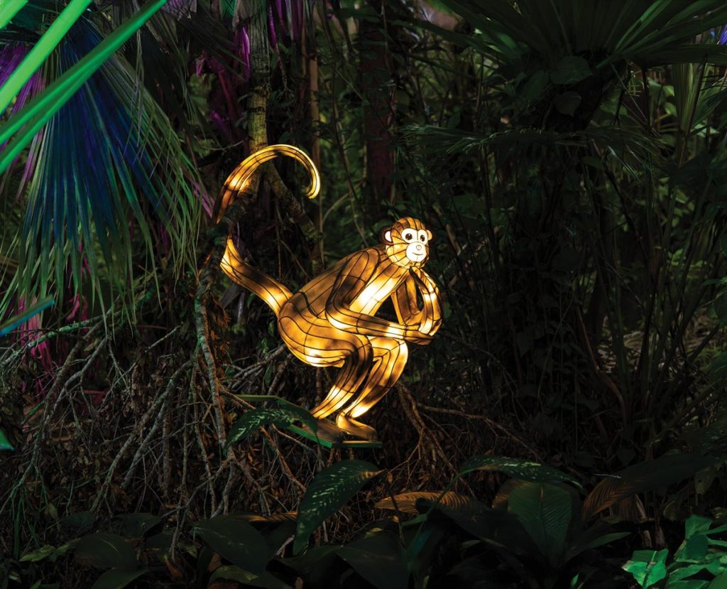 Fun Amazonian mammal and reptile representations will glow throughout the garden, reflected in the many lily ponds along its paths. Photo by JPR Images