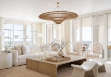 Seaside Design Shines in Vero Beach A unique rattan light fixture sourced at Vintage Vero caps off a serene scene in the newly renovated condo. The light is 6 feet in diameter and was crated in a wooden box the size of a grand piano for transport. Photo by Daisy Burns
