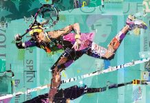February Features Gallery Openings Galore Kiwi Smash by Derek Gores, collage, 24 x 24 inches. Courtesy of Gallery 14
