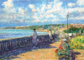 Three Art Exhibits to See This April View to Biarritz from Guethary by Charles Neal, oil on canvas, 24 1_8 x 36 1_8 inches. Courtesy of Findlay Galleries