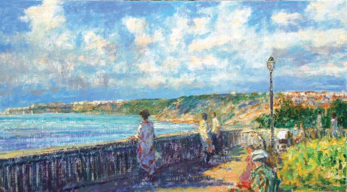 Three Art Exhibits to See This April View to Biarritz from Guethary by Charles Neal, oil on canvas, 24 1_8 x 36 1_8 inches. Courtesy of Findlay Galleries