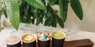 A latte flight at Night Owl Coffee Bar