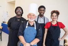 Building Futures at Youth Guidance Mentoring Academy Chef Brannon Soileau with students Nina, Moses, and Melany. Photo by Steven Martine