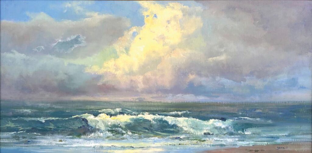 Clouds Galore by Mary Garrish, oil on linen panel, 18 x 36 inches