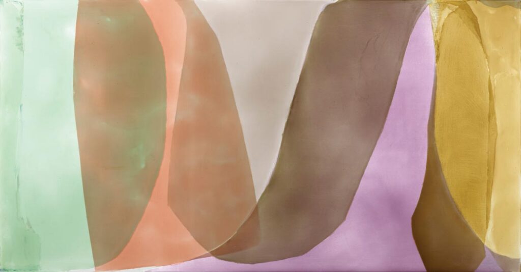 Muscle Memory by Jill Nathanson, 2021; acrylic, polymers, and oil on panel; 38 1_2 x 74 inches; © Jill Nathanson; image courtesy of Berry Campbell, New York