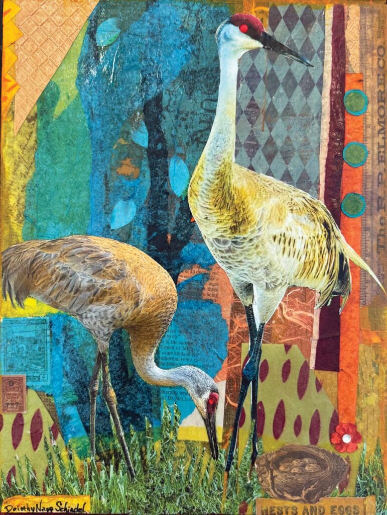 Nest and Eggs by Dorothy Napp Schindel, mixed media collage, 12 x 9 inches