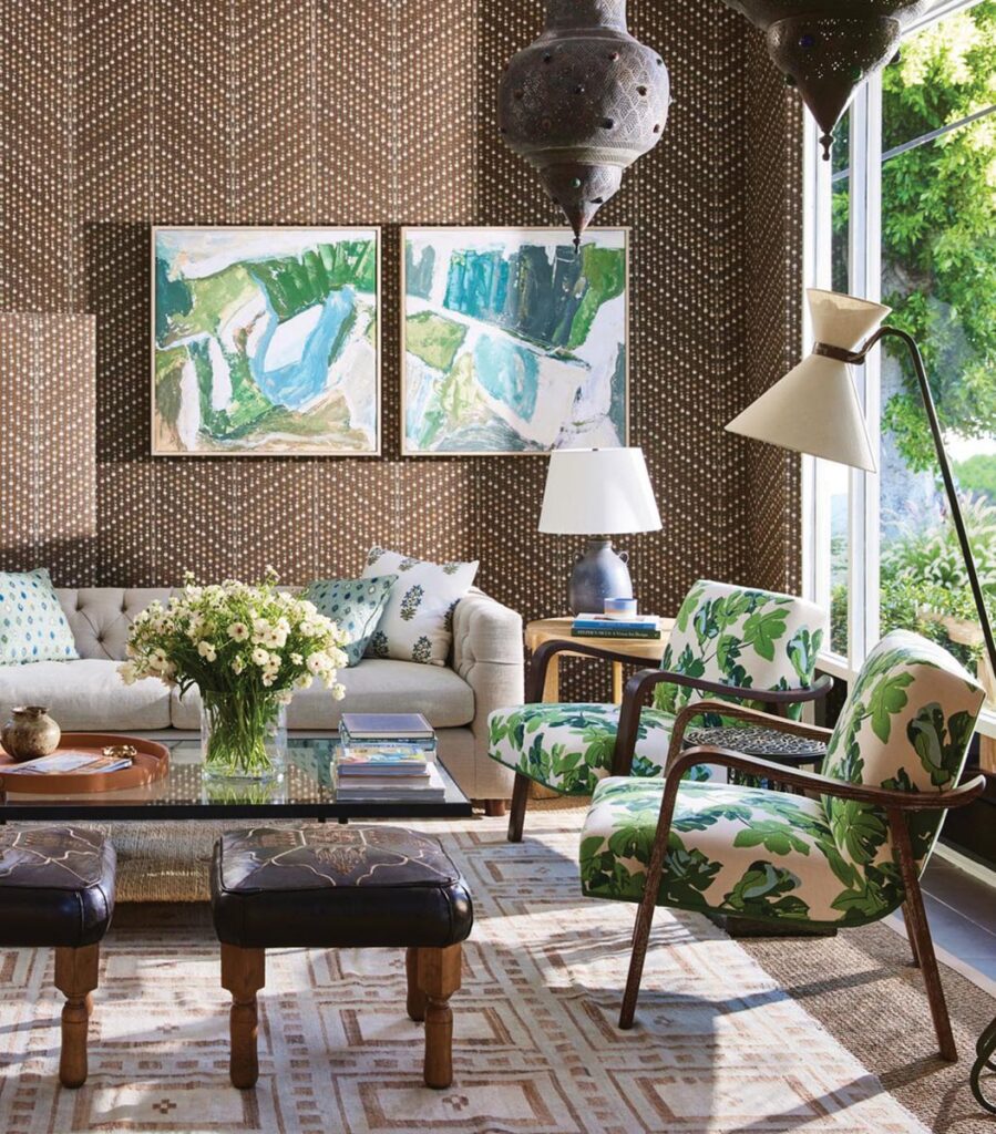 Peter Dunam’s Cosima print in Chocolate makes a rich wallcovering. Photo by Victoria Pearson