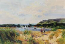 On View This Month: An Artful August Voiliers sur le plan d’eau by Gaston Sébire, oil on canvas, 28 3_4 x 39 3_8 inches