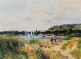 On View This Month: An Artful August Voiliers sur le plan d’eau by Gaston Sébire, oil on canvas, 28 3_4 x 39 3_8 inches