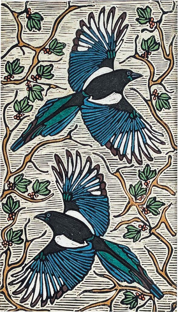 Two Magpies by John H.C. Davis, linoleum print, 32 x 19 inches